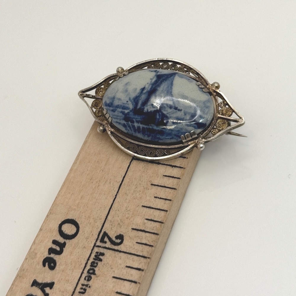 Antique Delft Porcelain Brooch Windmill Filigree Silver Pin Pre-1920 - Picture 4 of 8